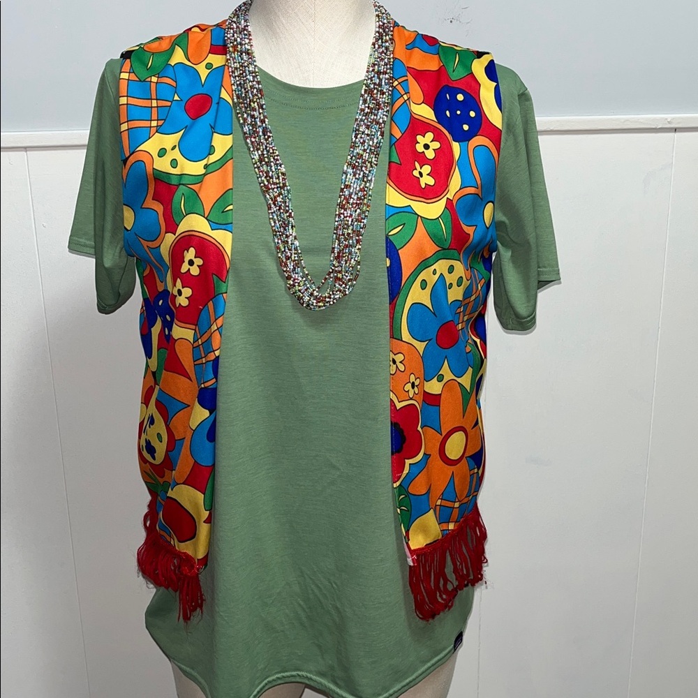 Patagonia Green Tee with Colorful Floral Hippie Vest & Beaded Necklace